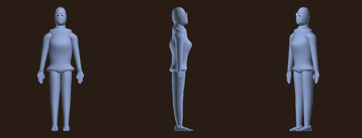 Generated procedural body: front, side and three-quarter views