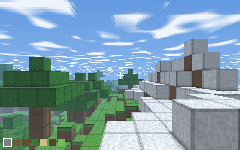 the playable voxel world with the erosion budget at zero: raw two-octave noise terrain, ridges rising in tall blocky steps