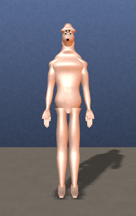 Procedural body before the fix: the head renders as a flat-brim mushroom above a narrow neck