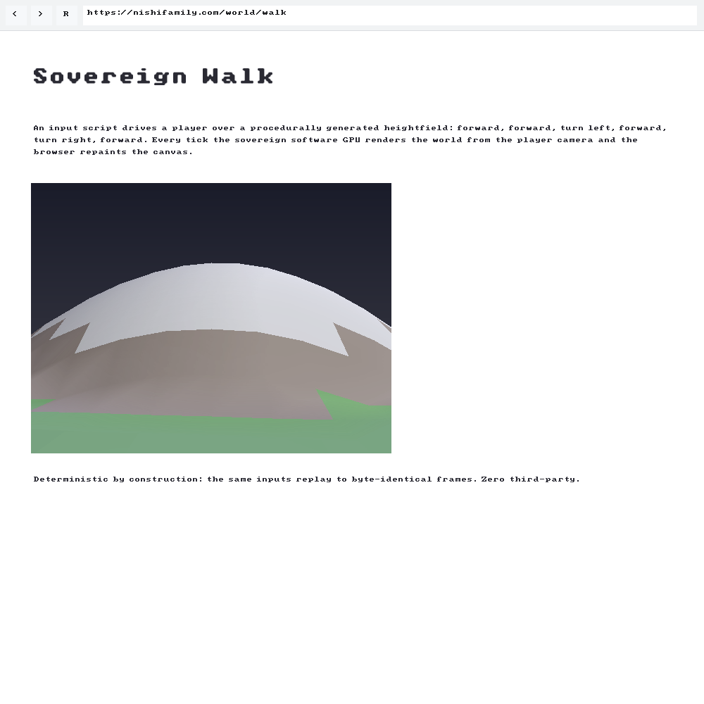 The Nishi Browser showing a page whose canvas holds a 3D world: a snow-capped mountain with a rocky midsection rising from a green grass plain under a dark sky