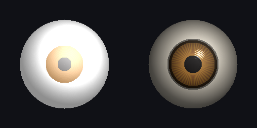 Two rendered eyeballs: left a doll eye with a broad soft highlight and flat pale iris; right the sovereign eye shader with a sharp catchlight, dark limbal ring, radial iris fibers, corneal magnification and warm sclera