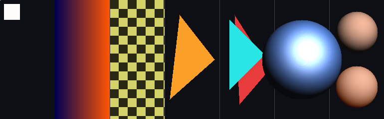 Seven-panel strip proving the graphics stack bottom-up: magnified first pixel, scanline gradient, checksum checker field, rasterized triangle, z-buffer overlap where near cyan wins over far red, specular lit sphere with dark terminator, and SSS versus clay spheres