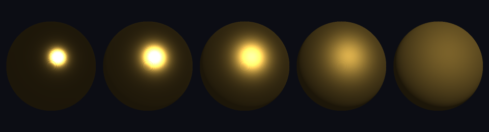 Five gold metallic spheres rendered with the Cook-Torrance GGX microfacet BRDF, roughness sweeping 0.30 to 0.90 left to right; the specular highlight broadens and softens as roughness increases while total energy is conserved