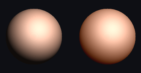 Two spheres, same skin tone and light: left is hard Lambert clay with a grey terminator, right is subsurface-scattering skin with a soft reddish terminator where light wraps and scatters
