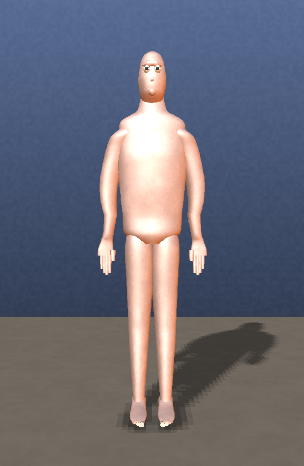 The generated body with the pipeline laws applied: the torso band visibly swelled by volume-preserving muscle bulge, skeleton unmoved