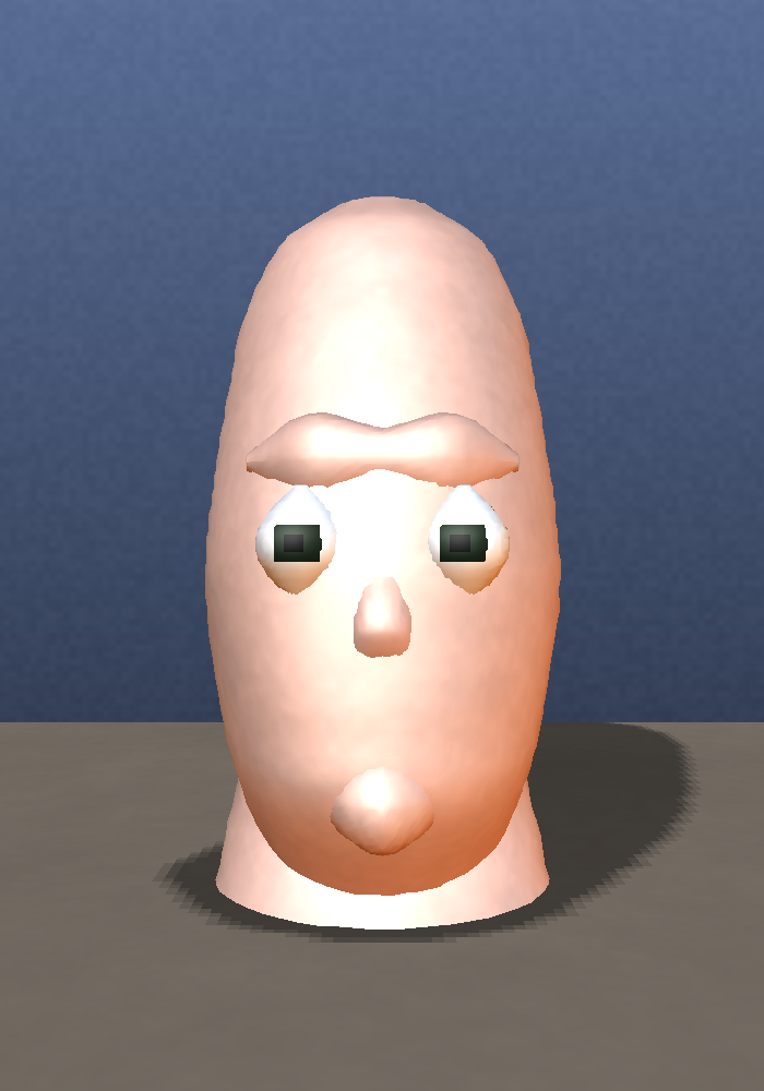 The head with real lip geometry: a protruding lip mass with a groove between upper and lower, replacing the painted rectangle