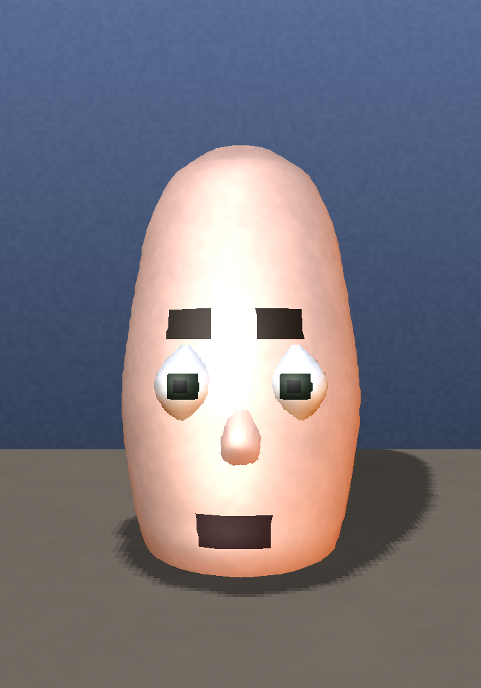 Our head with the procedurally generated nose: a real protruding structure with its own highlight and cast shadow, and a dorsum running up to the brow