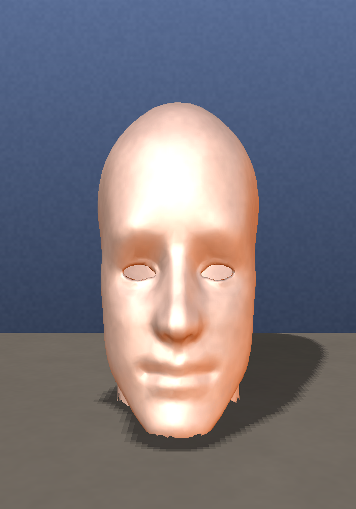 The cadaver oracle head: a real human face with nose, lips, brow ridge, cheekbones and jaw, all as geometry