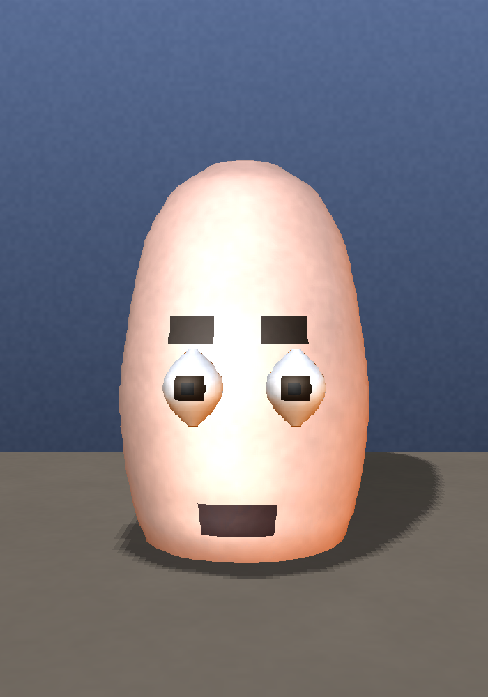 Our procedurally generated head: a smooth egg with painted rectangular brows and mouth, surface-mounted eyes, and no nose