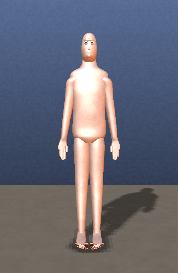 The body with per-named-muscle swell about each limb's own local axis: torso swelled, limbs proportionate, feet no longer splayed