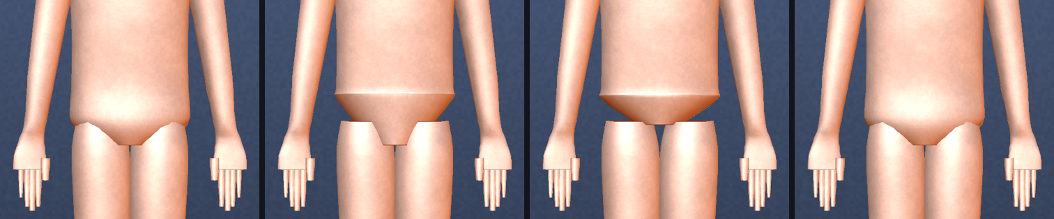 four pelvises: baseline, trochanter at 530, raised crotch, and reverted — the middle two show a hard rim