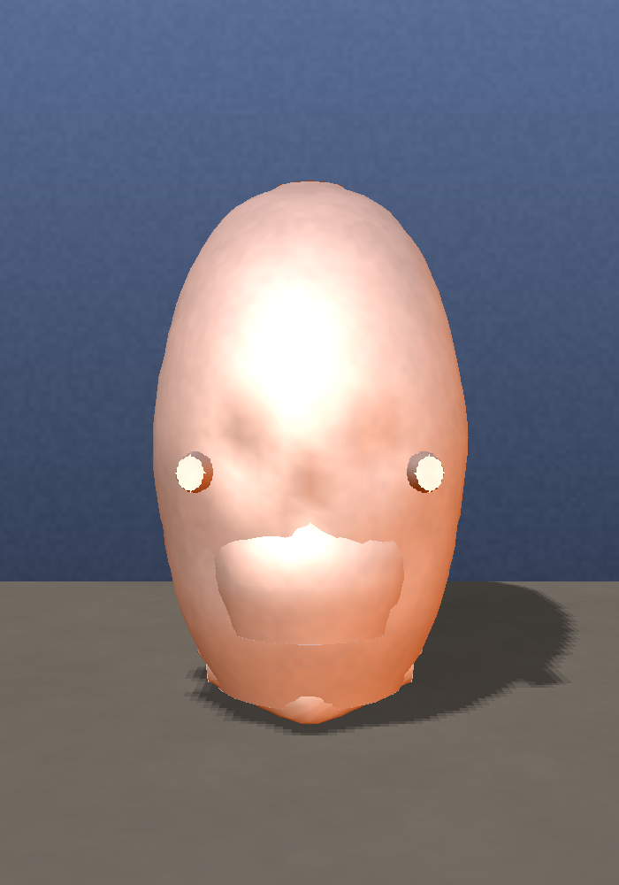 The first generated skull: an ovoid with two small white discs where the cheekbones should be and a bright shelf across the lower face