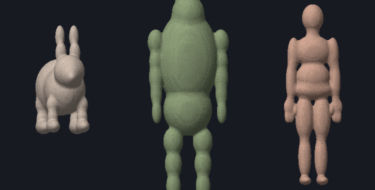three creatures, each generated from one English sentence