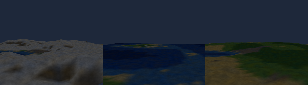 three worlds, each generated from one sentence: snowy mountains, island ocean, flat desert