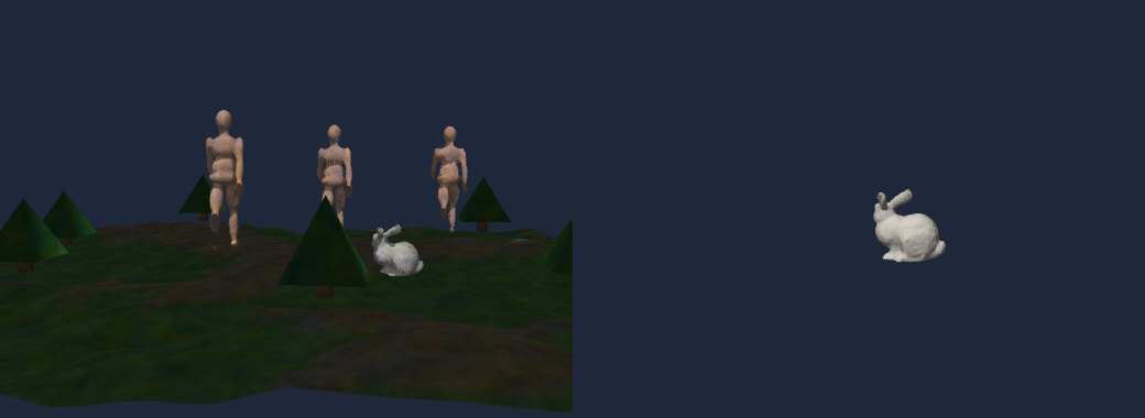 LOD scene with three walking beings at three generative LODs, plus the decimated bunny