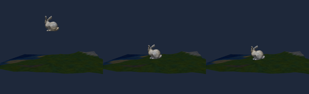the bunny in the air, at impact, and at rest on the terrain