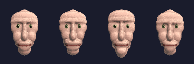the anatomical head in four expressions: neutral, smile, surprise with jaw dropped, frown