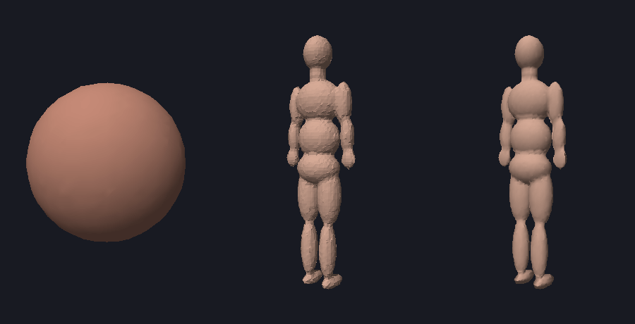 a sphere SDF and the holistic being, polygonized into real triangle meshes and rendered smooth