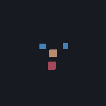 Five cubes rendered at constraint-solved positions: two mirrored eye cubes, a centered nose cube below them, a mouth cube below that