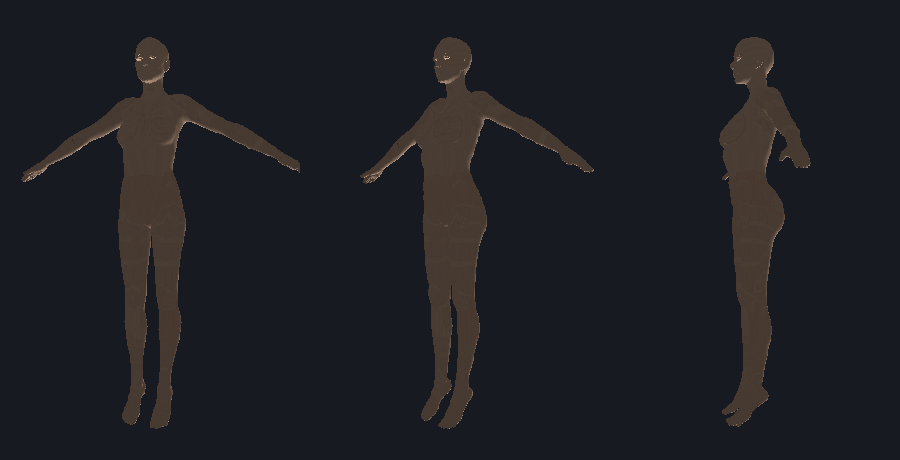 the shipped character rendered with per-fragment atlas sampling: three views, lit, z-buffered