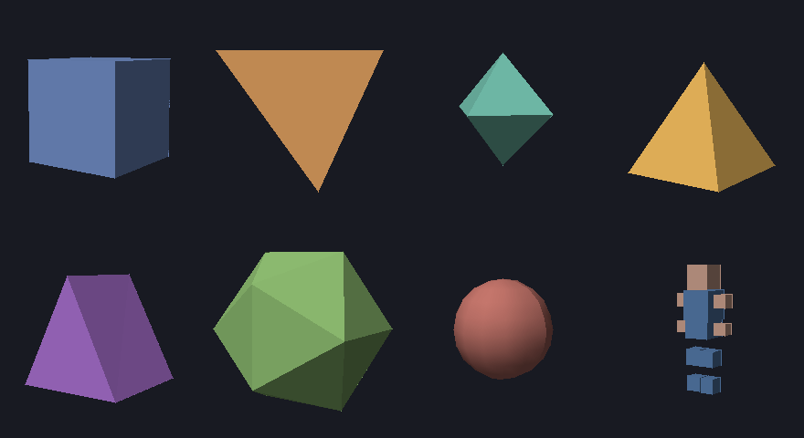 shape gallery: cube, tetrahedron, octahedron, pyramid, prism, icosahedron, sphere, low-poly figure