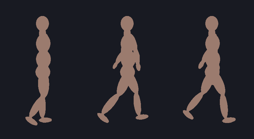 three keyframes of the being walking, rendered from the glb skinning data