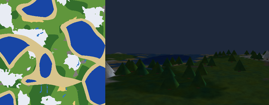 biome map with continents, beaches, rivers + 3D staged world with forests and a bay