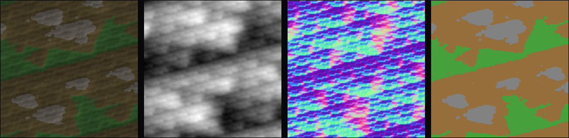 Four aligned panels of one procedural terrain: shaded relief, depth elevation map, surface-normal map in tangent-space RGB, and semantic segmentation