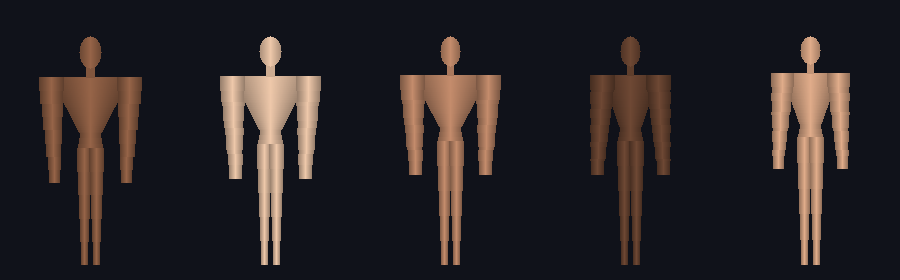 Five procedurally generated human figures, each built from the eye-keystone anthropometric canon with proportions varied by seed within canon ranges, showing diverse builds and skin tones