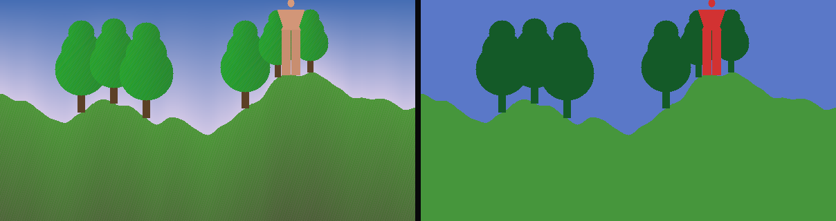 Left: a procedurally composed nature scene with sky, rolling hills, trees and a human figure. Right: the paired per-pixel segmentation label map colouring each class