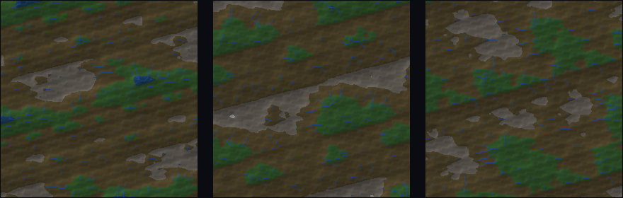 Three procedurally generated terrains from three different seeds, each a shaded-relief heightmap with altitude colouring and blue dendritic river networks that follow the valleys downhill