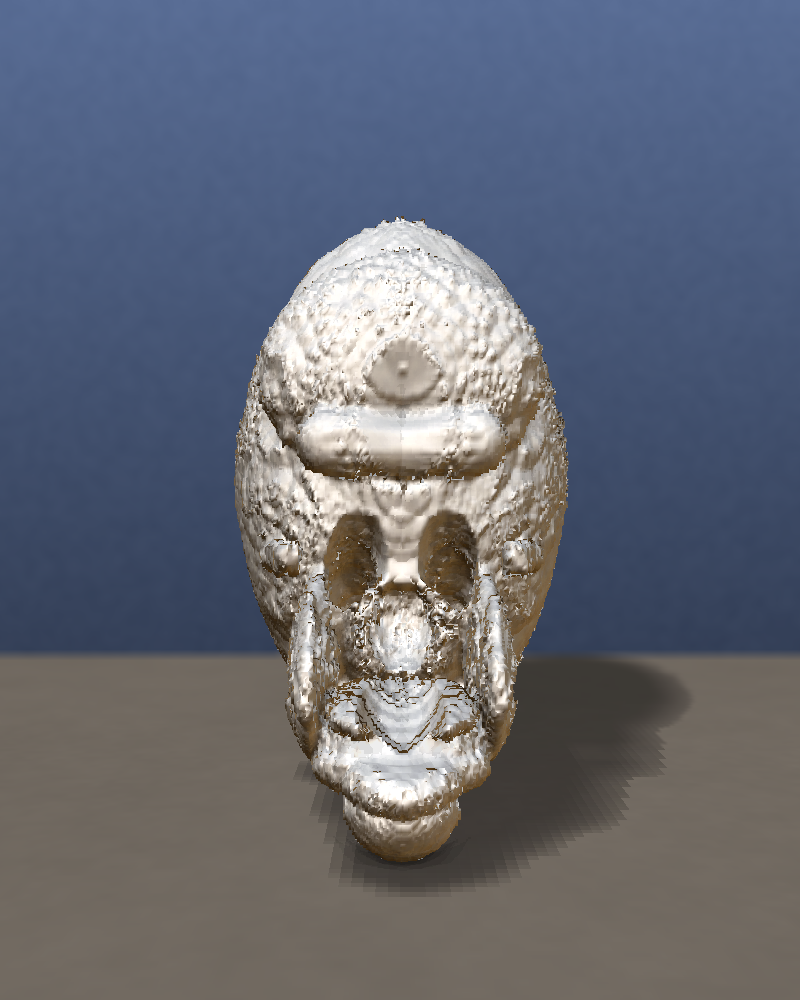 redistanced skull with residual layer at 250 permil: onion rings gone, surface reads as textured bone, parametric form unchanged