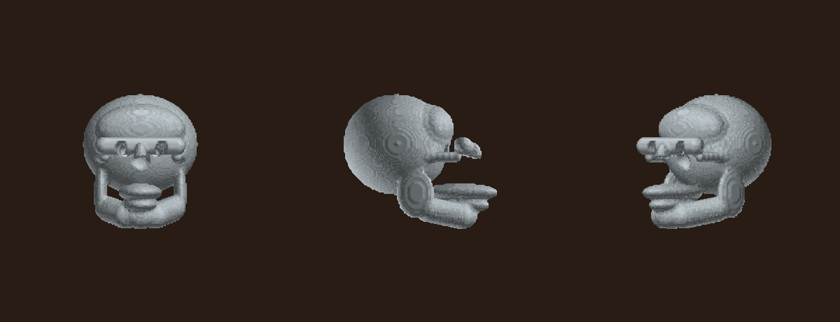 Current generated skull, three views